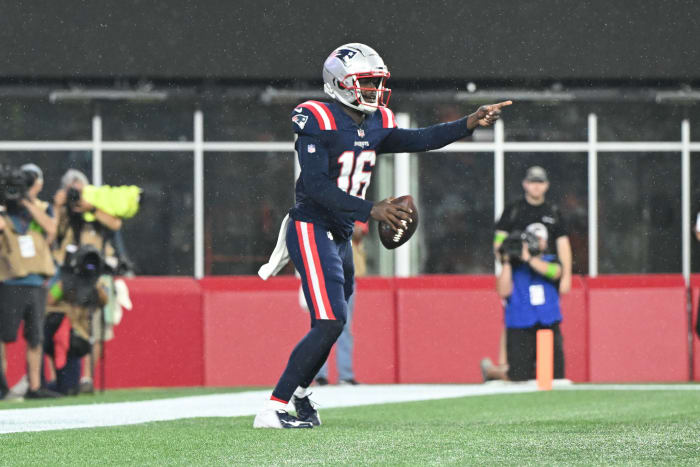 Aug 10, 2023; Foxborough, Massachusetts, USA; New England Patriots quarterback Malik Cunningham (16) reacts after a touchdown against the Houston Texans during the second half at Gillette Stadium.